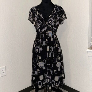 J.T.B Midi Dress Women's Large Black Geometric Stretch Sheer Cap Sleeves 90s Y2K